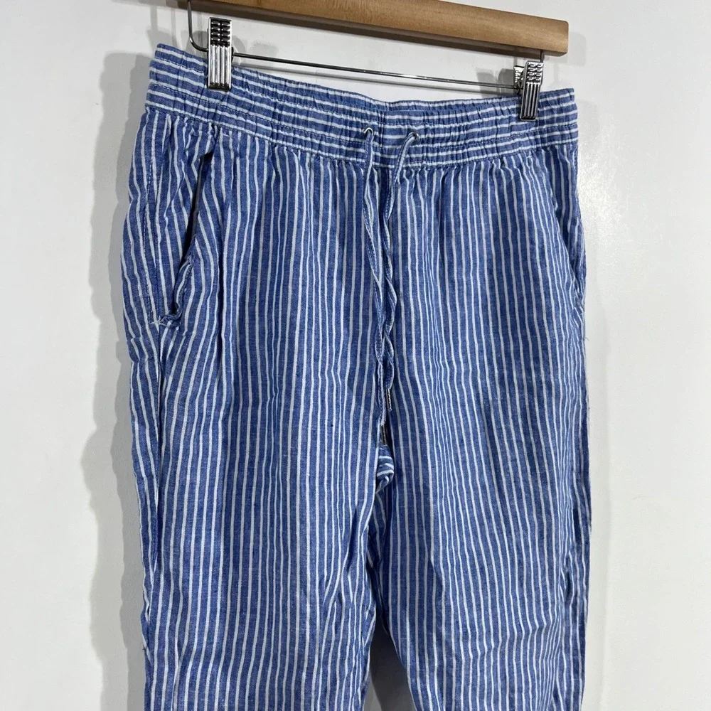 HM Fisherman Euro Summer Striped 100% Linen Drawstring Pants Women 6 Preppy Boho